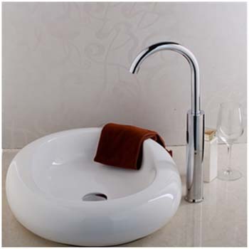 Disk Shaped Ceramic Deck Mount Sink with Goose Neck Faucet in Chrome Finish FaucetDisk Shaped Ceramic Deck Mount Sink with Goose Neck Faucet in Chrome Finish Faucet